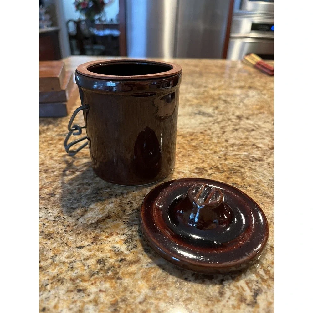 VTG Stoneware Brown Glazed Butter/Cheese Crock with Rubber Gasket & Bail Latch